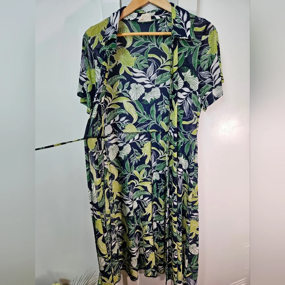 Ember XL Tropical Leaf Print Collared Tie Waist Cover-Up